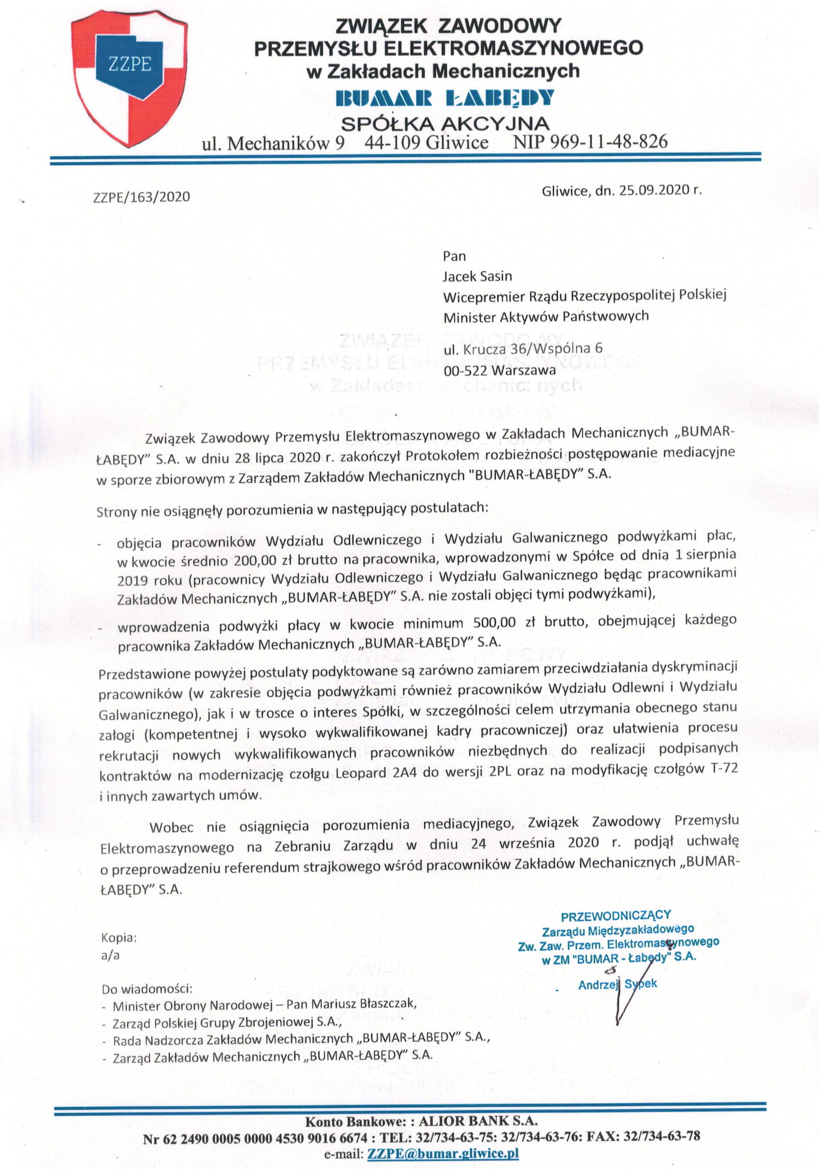 pismo do Jacka Sasina referendum strajkowe w Bumarze 1