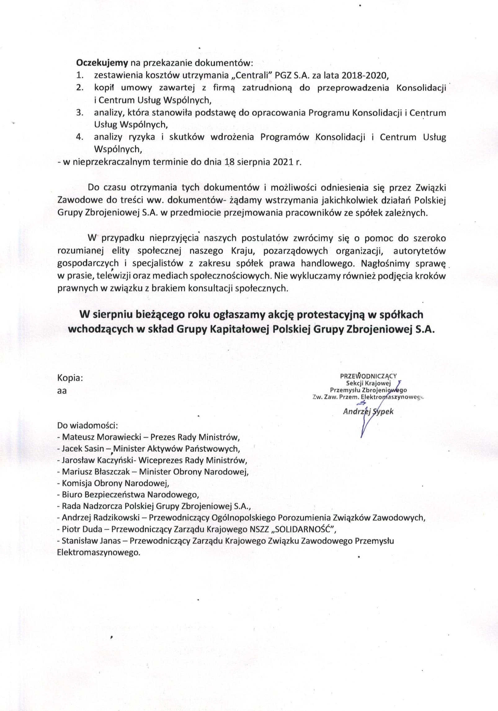 pismo do Zarzdu PGZ kosolidacja i CUW 2
