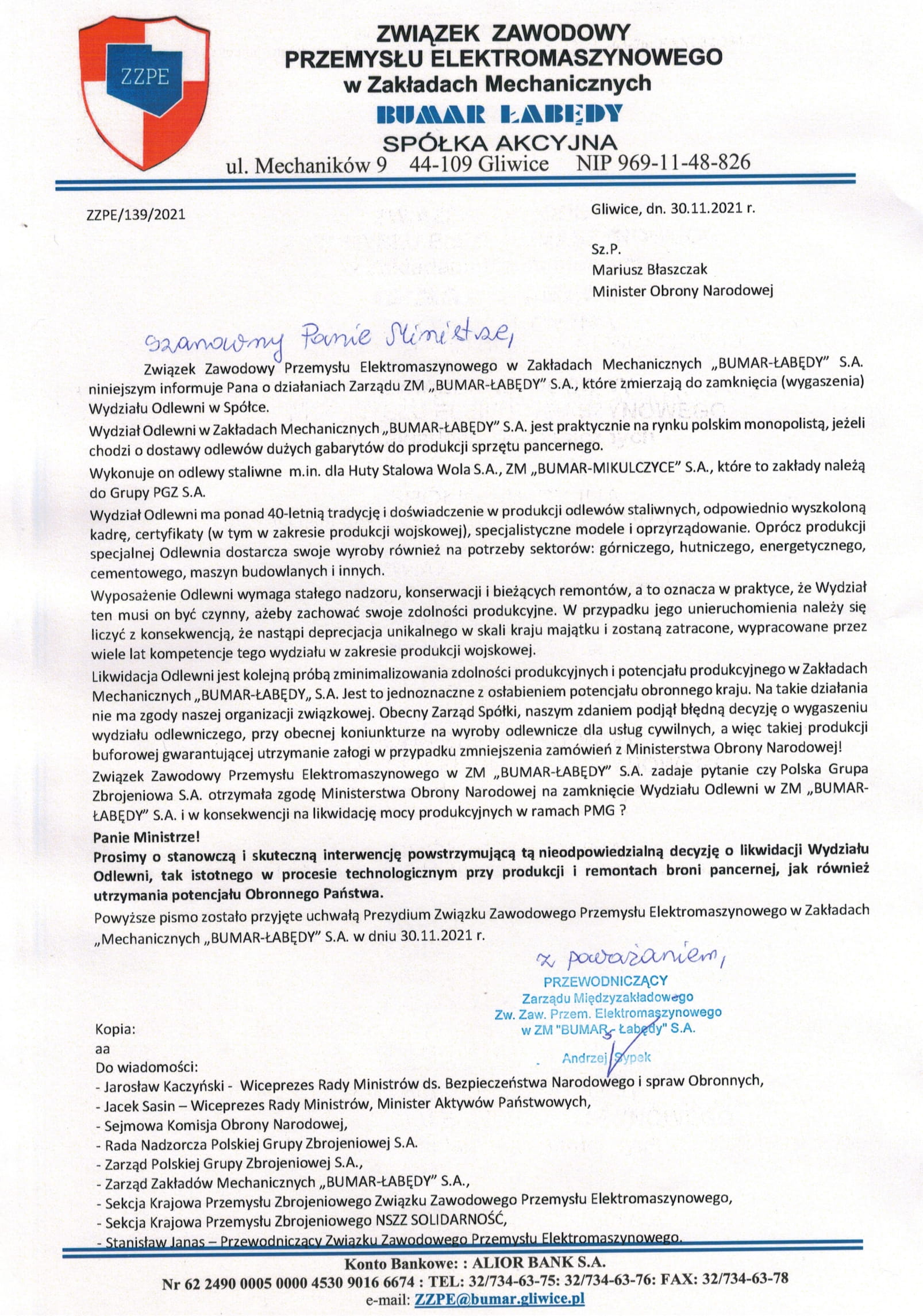 pismo przeciwko likwidacji Odlewni w Bumarze 1